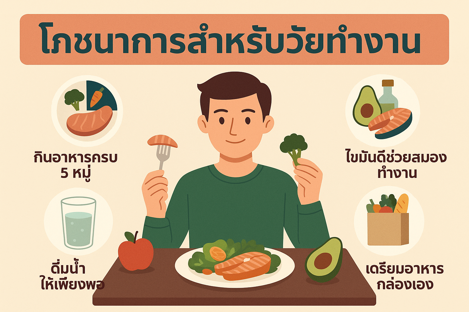 🥗 โภชนาการสำหรับวัยทำงาน: กินอย่างไรให้สุขภาพดีและทำงานได้อย่างมีประสิทธิภาพ